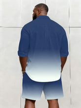 Big & Tall Men's Business Simple Blue & Purple & Grey & White 3 Choice Gradient Contrast Long Sleeve Shirt Shorts Set